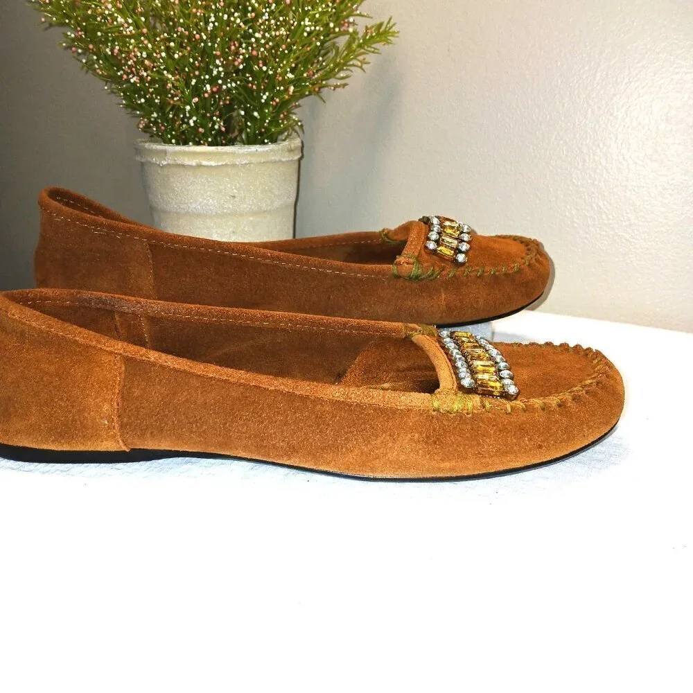 YELLOW BOX RETRO LEATHER SLIP ON FLATS BEADED JEWELED ACCENTS ROUND TOE SIZE 8.5
